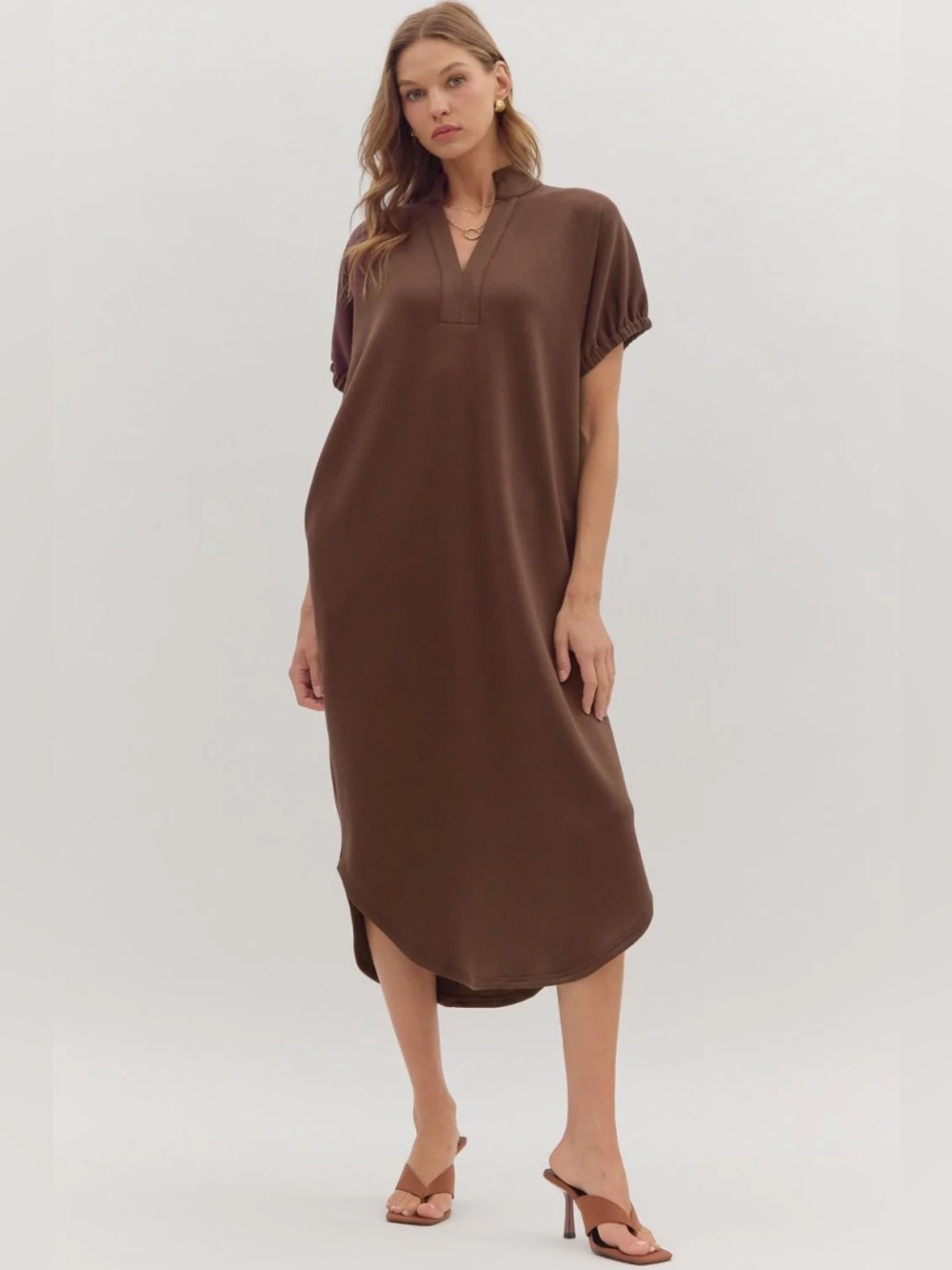 NWT Entro Relaxed V-Neck Midi Dress in Chocolate Medium